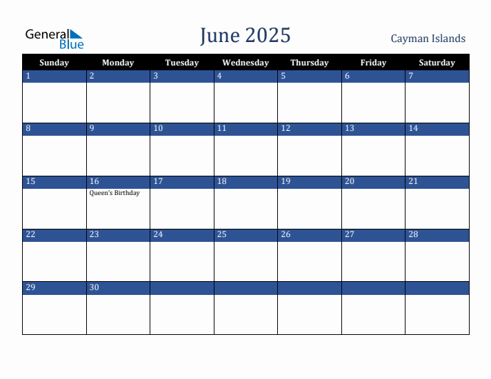 June 2025 Cayman Islands Calendar (Sunday Start)