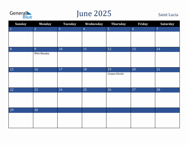 June 2025 Saint Lucia Calendar (Sunday Start)