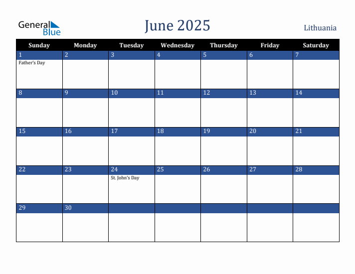 June 2025 Lithuania Calendar (Sunday Start)