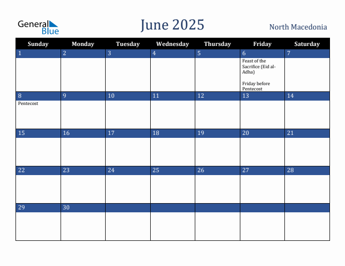 June 2025 North Macedonia Calendar (Sunday Start)
