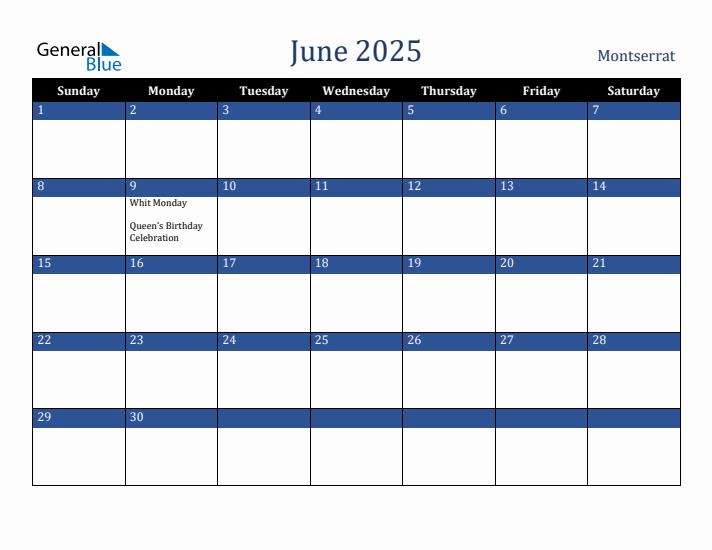 June 2025 Montserrat Calendar (Sunday Start)