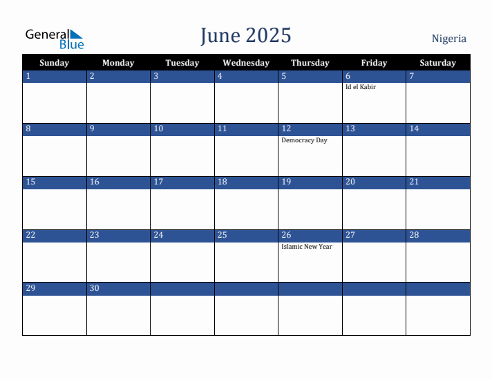 June 2025 Nigeria Calendar (Sunday Start)