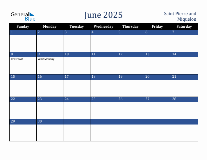 June 2025 Saint Pierre and Miquelon Calendar (Sunday Start)