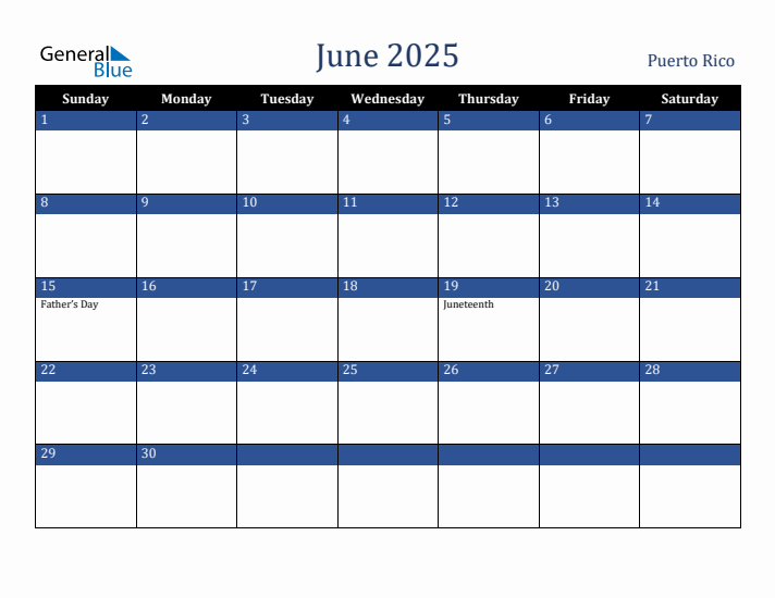 June 2025 Puerto Rico Calendar (Sunday Start)