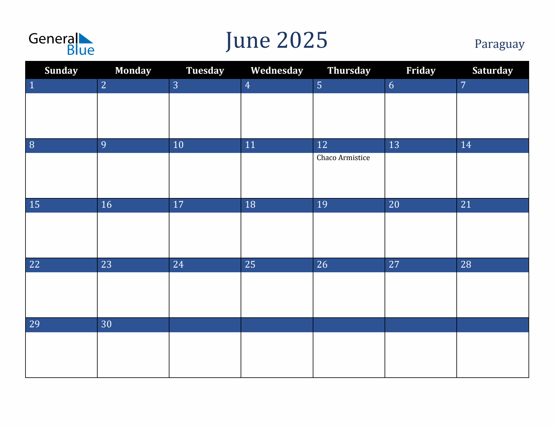 June 2025 Paraguay Calendar (Sunday Start)