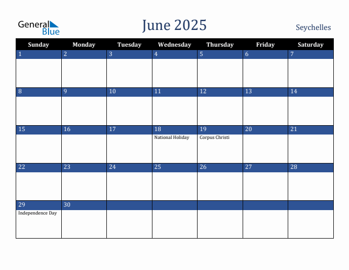June 2025 Seychelles Calendar (Sunday Start)