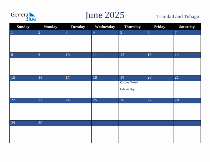 June 2025 Trinidad and Tobago Calendar (Sunday Start)