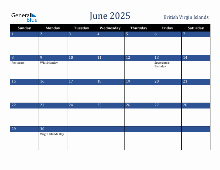 June 2025 British Virgin Islands Calendar (Sunday Start)