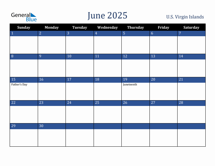June 2025 U.S. Virgin Islands Calendar (Sunday Start)