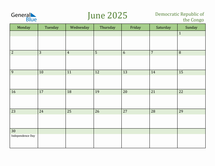 June 2025 Calendar with Democratic Republic of the Congo Holidays