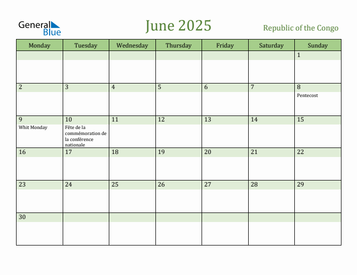 June 2025 Calendar with Republic of the Congo Holidays