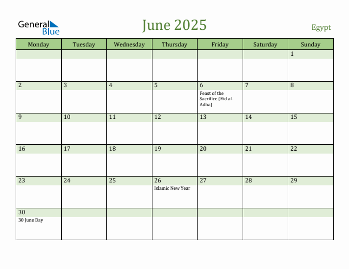 June 2025 Calendar with Egypt Holidays