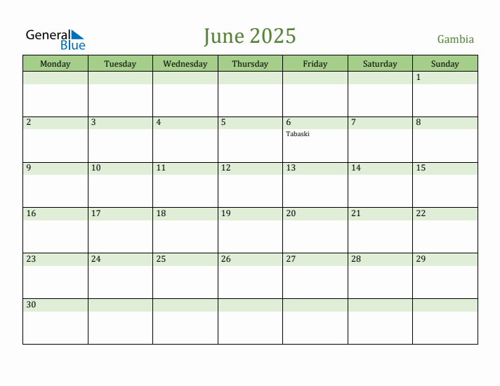 June 2025 Calendar with Gambia Holidays