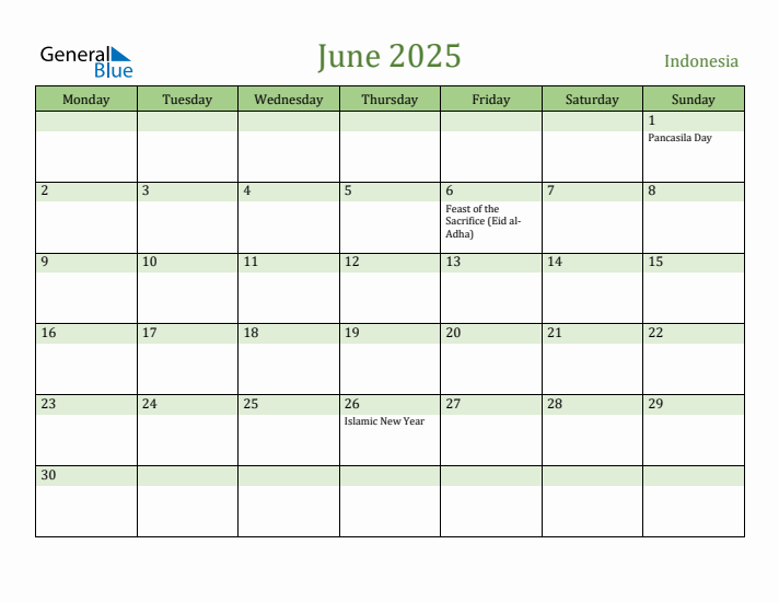 June 2025 Calendar with Indonesia Holidays