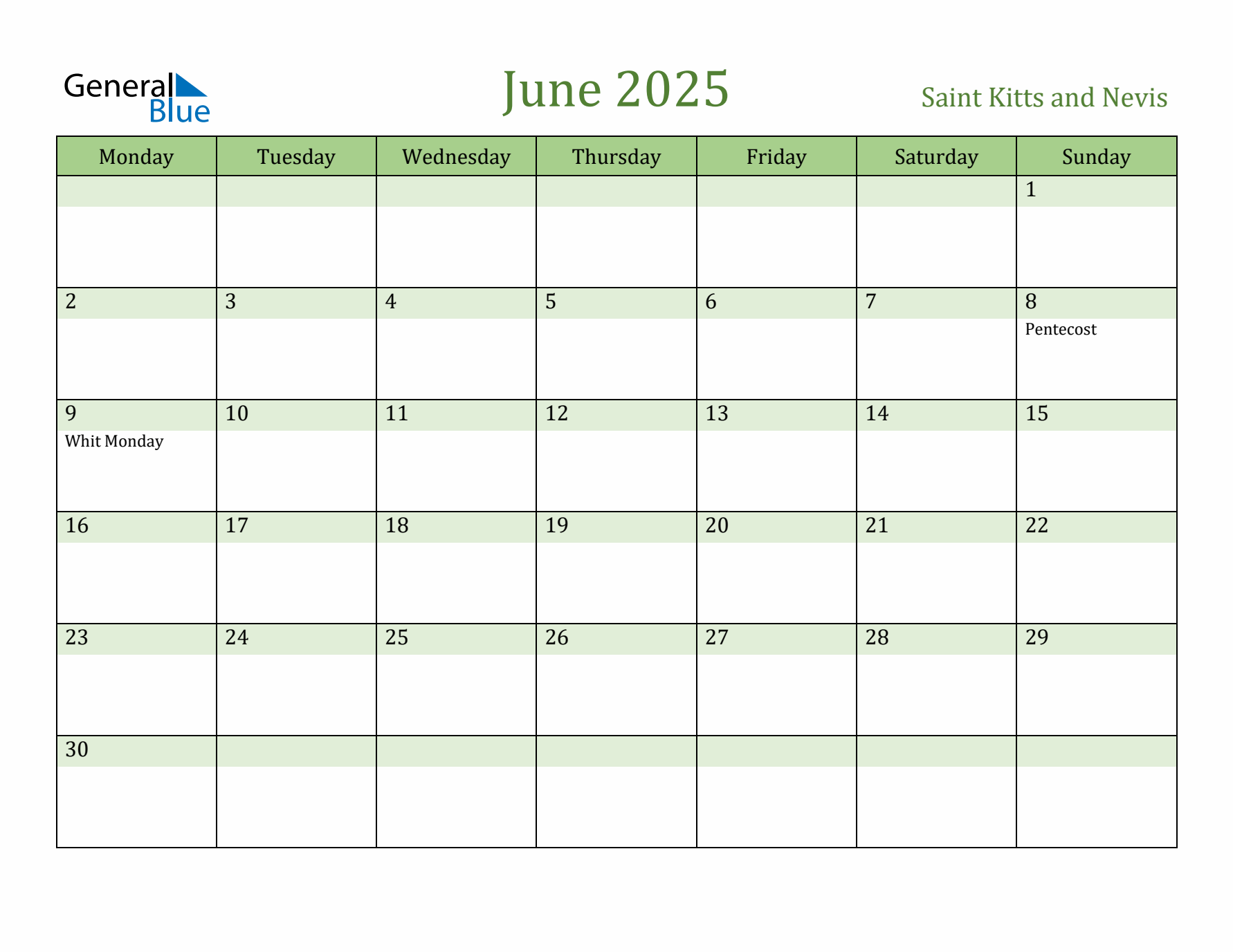 June 2025 Calendar with Saint Kitts and Nevis Holidays