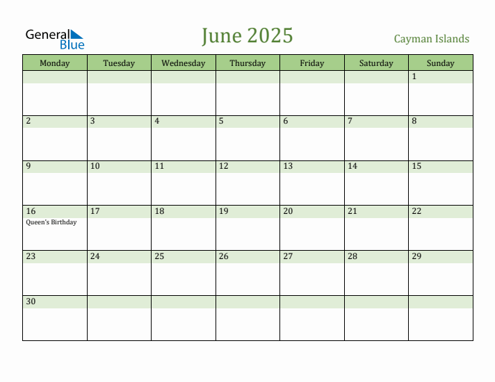 June 2025 Calendar with Cayman Islands Holidays