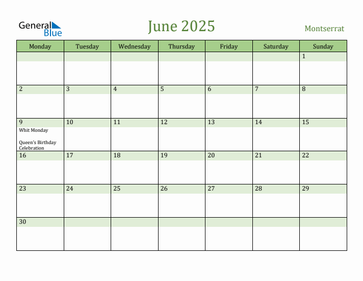 June 2025 Calendar with Montserrat Holidays