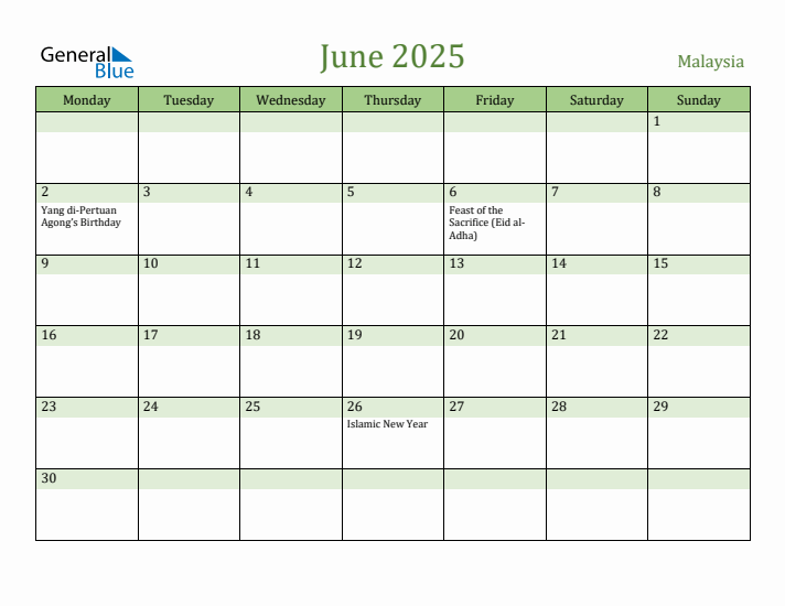 June 2025 Calendar with Malaysia Holidays