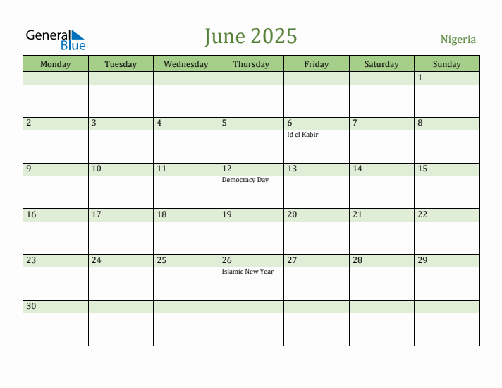 June 2025 Calendar with Nigeria Holidays