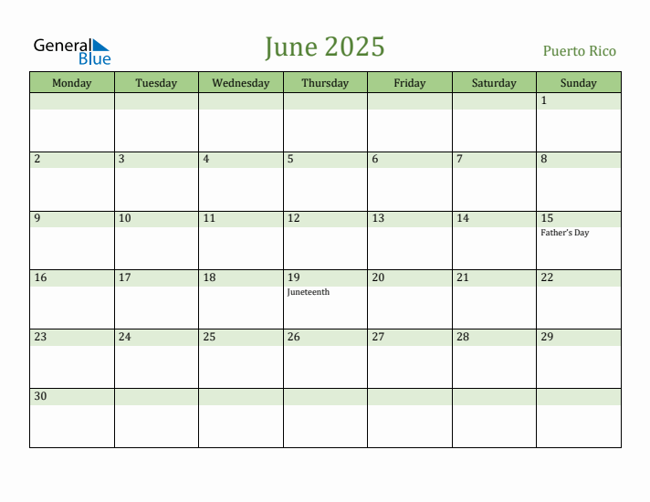 June 2025 Calendar with Puerto Rico Holidays