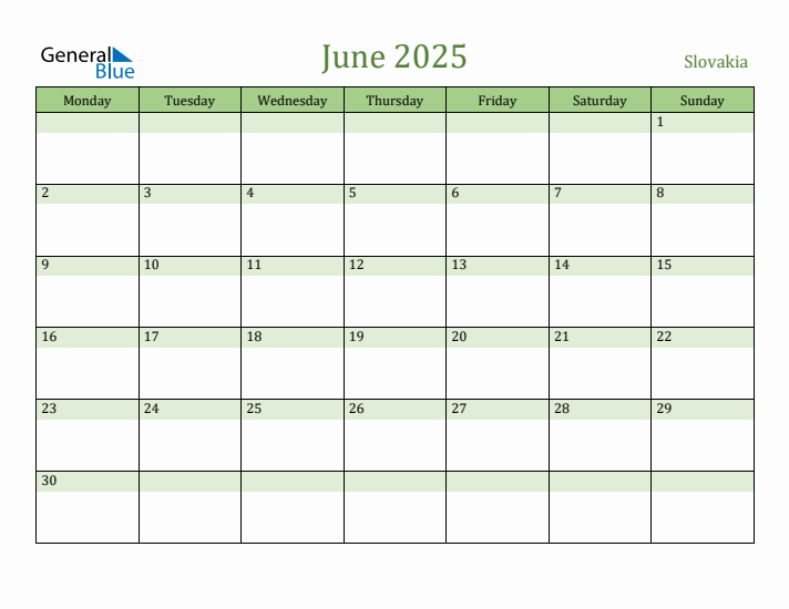 June 2025 Calendar with Slovakia Holidays