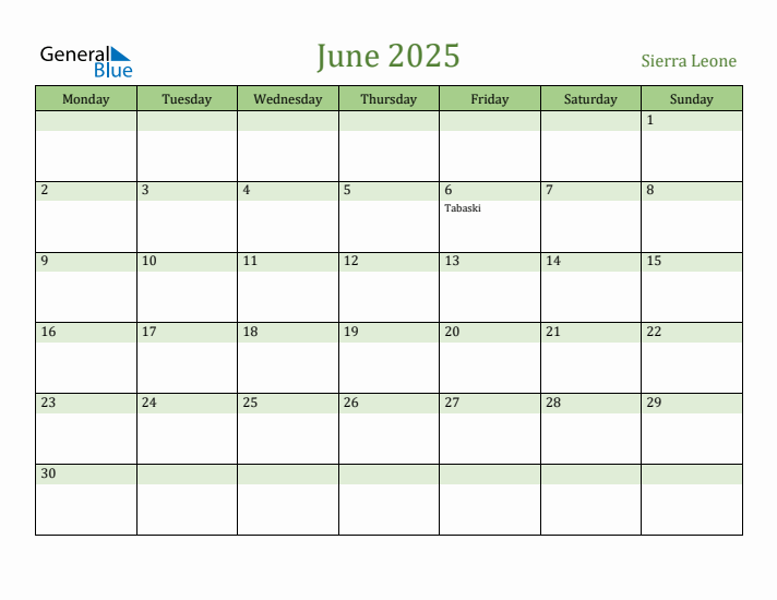 June 2025 Calendar with Sierra Leone Holidays
