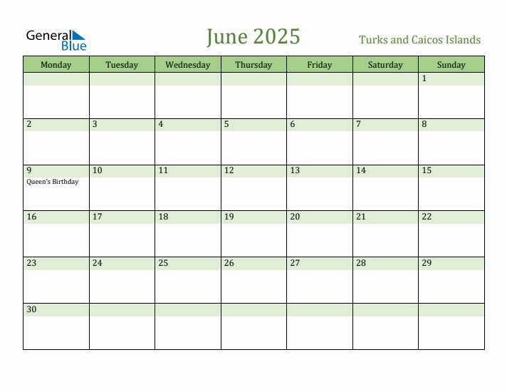 June 2025 Calendar with Turks and Caicos Islands Holidays