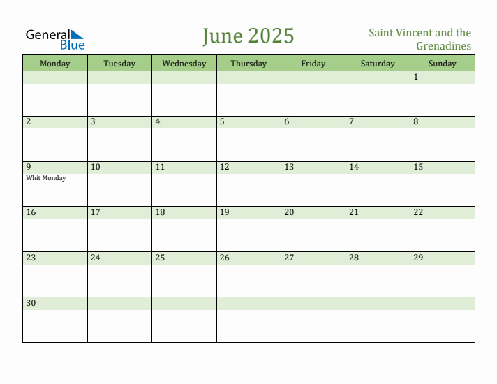 June 2025 Calendar with Saint Vincent and the Grenadines Holidays