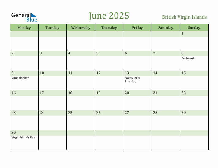 June 2025 Calendar with British Virgin Islands Holidays