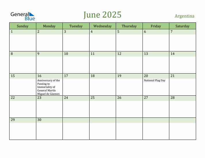 June 2025 Calendar with Argentina Holidays