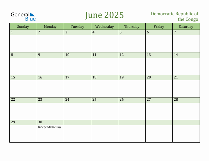 June 2025 Calendar with Democratic Republic of the Congo Holidays