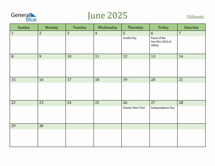 June 2025 Calendar with Djibouti Holidays