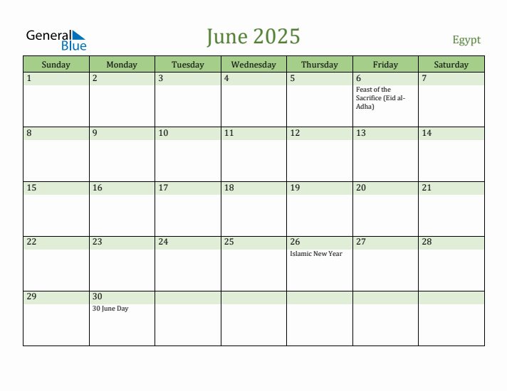 June 2025 Calendar with Egypt Holidays