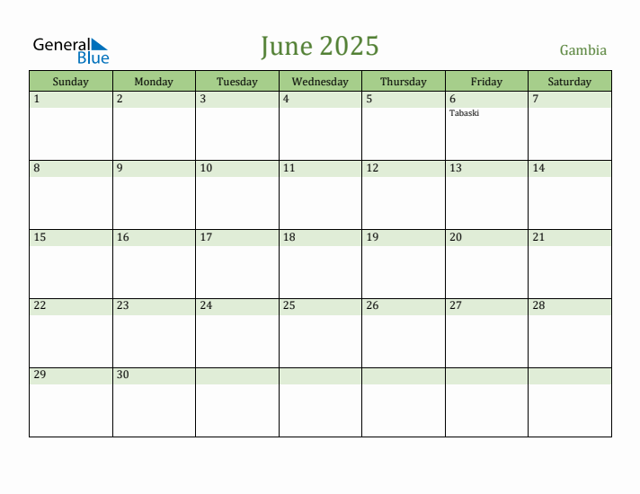 June 2025 Calendar with Gambia Holidays