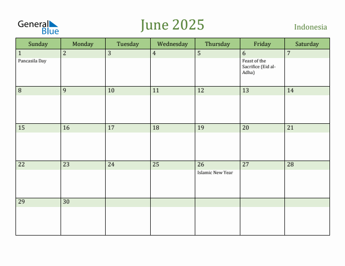 June 2025 Calendar with Indonesia Holidays
