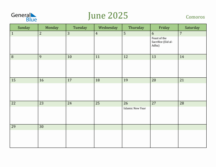 June 2025 Calendar with Comoros Holidays