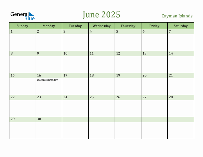 June 2025 Calendar with Cayman Islands Holidays
