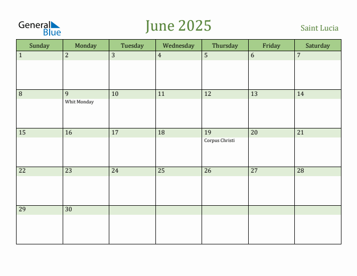 June 2025 Calendar with Saint Lucia Holidays