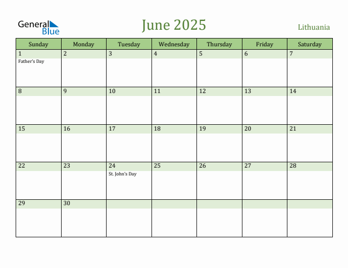 June 2025 Calendar with Lithuania Holidays