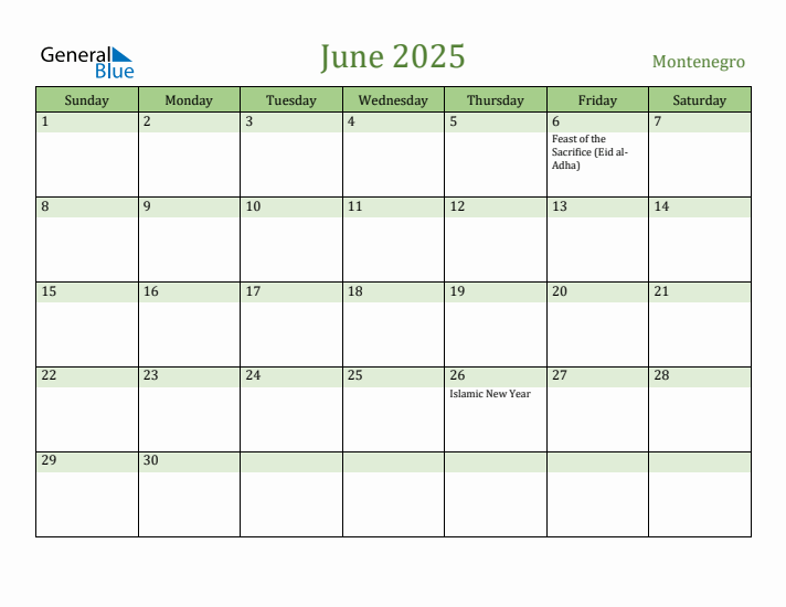 June 2025 Calendar with Montenegro Holidays