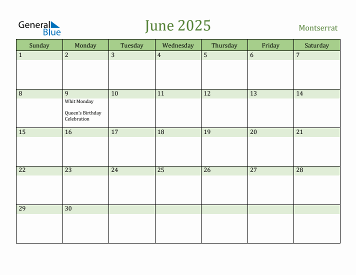 June 2025 Calendar with Montserrat Holidays
