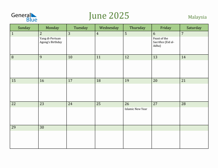 June 2025 Calendar with Malaysia Holidays