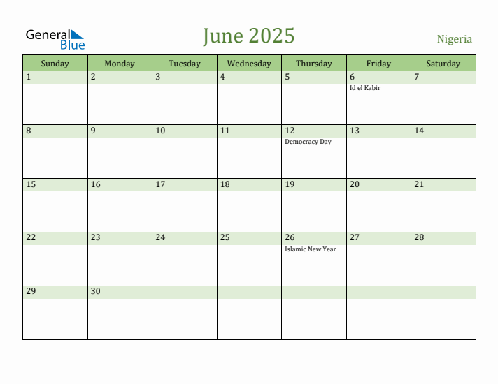 June 2025 Calendar with Nigeria Holidays