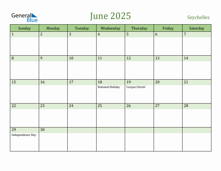June 2025 Calendar with Seychelles Holidays