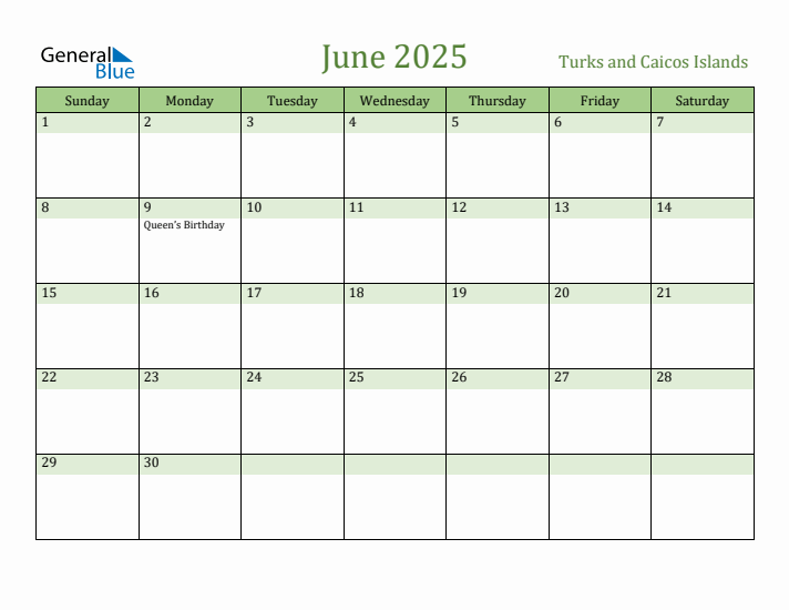 June 2025 Calendar with Turks and Caicos Islands Holidays