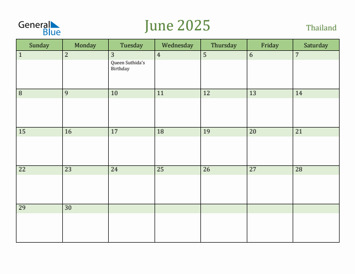 June 2025 Calendar with Thailand Holidays