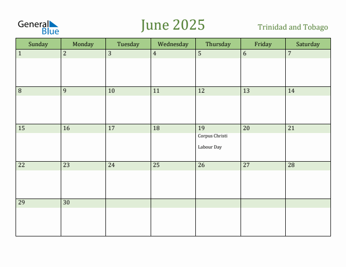 June 2025 Calendar with Trinidad and Tobago Holidays