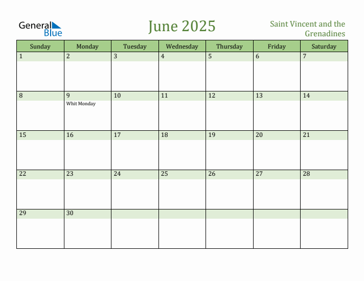 June 2025 Calendar with Saint Vincent and the Grenadines Holidays