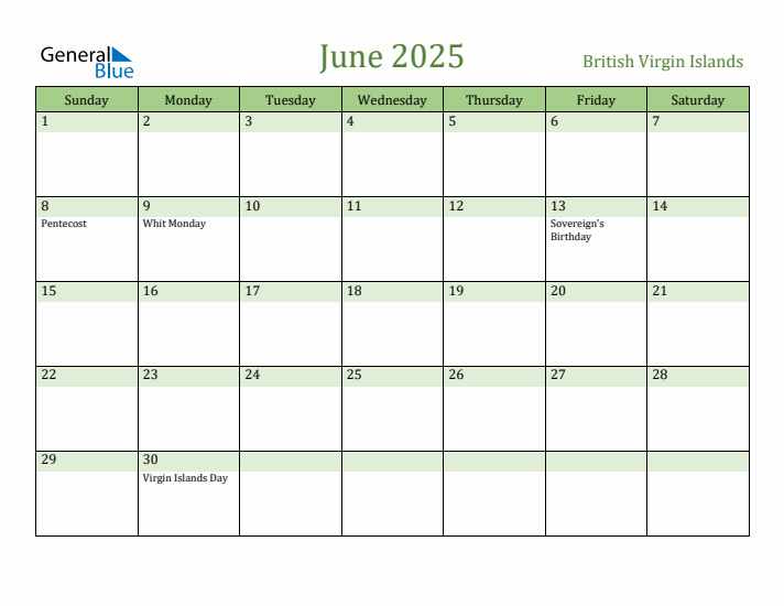 June 2025 Calendar with British Virgin Islands Holidays