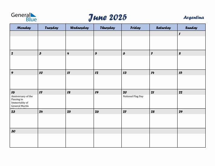 June 2025 Calendar with Holidays in Argentina